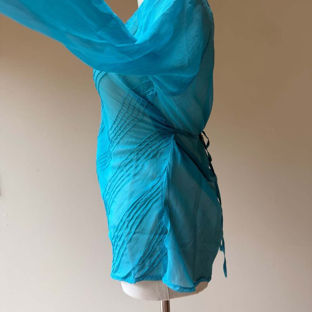Vintage Y2K Turquoise Sheer Embroidered Bell Sleeve Tunic Top - Picture 7 of 12